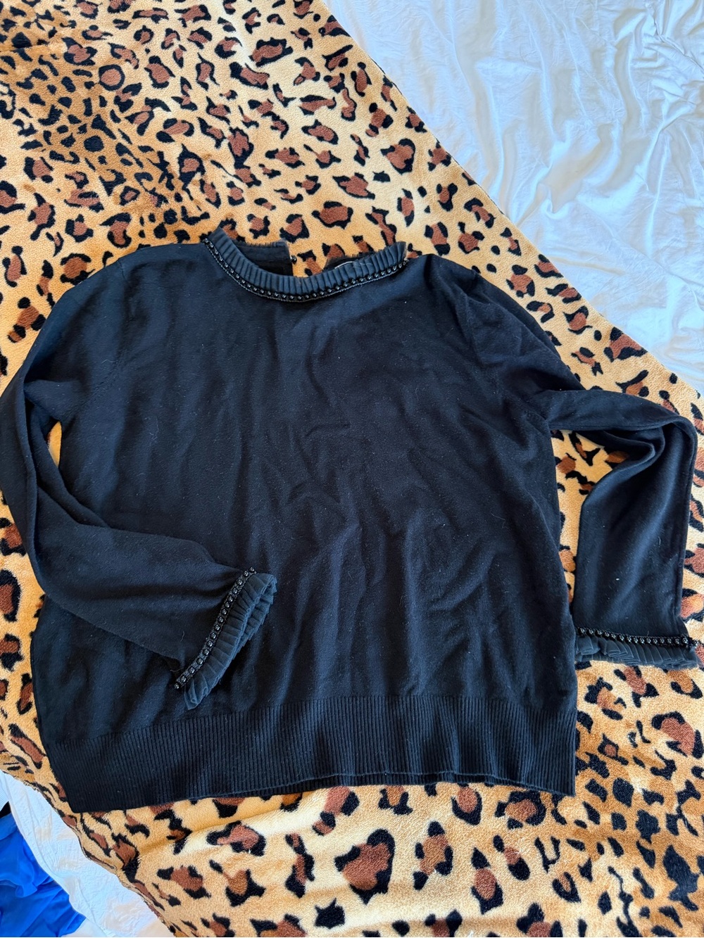 Sioni Black Crewneck Sweater with Beaded Trim
